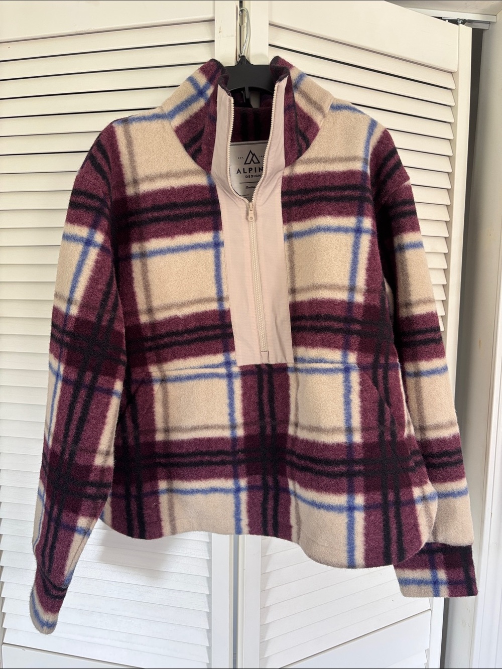 Alpine Design Beige and Burgundy Plaid Teddy Fleece Pullover